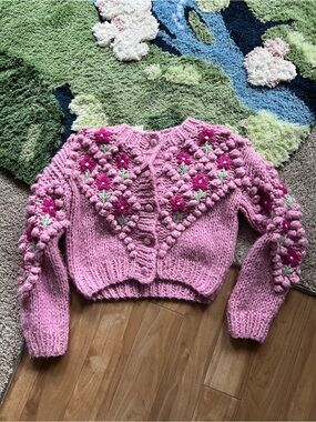 Women's Pink Hand-Knit Floral Cardigan Sweater